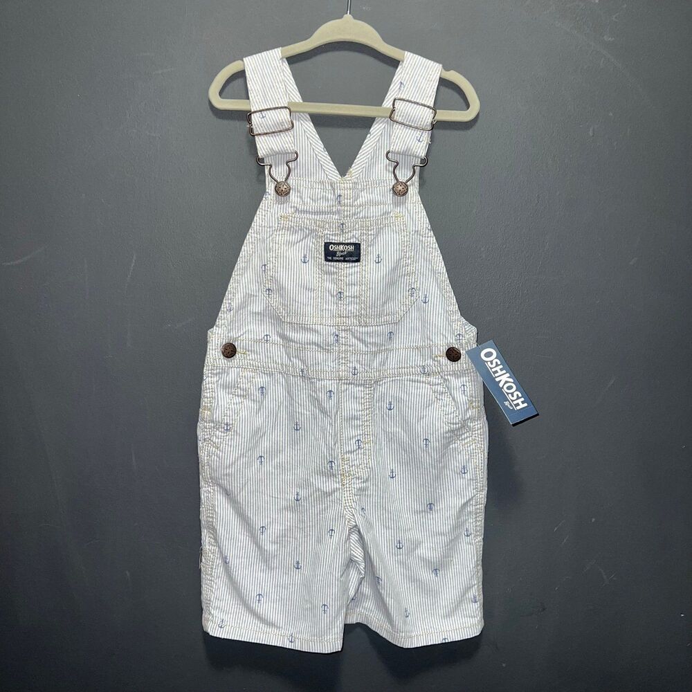 OshKosh B'gosh Anchor Print Canvas Shortalls Toddler Boys 4T White Blue Nautical